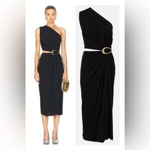 Bottega Veneta Cut-Out Gathered Black Midi Dress with Gold Embellishment NEW